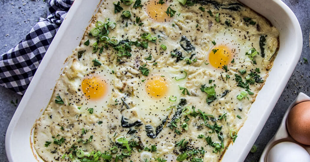 Chile Fondue Baked Eggs in White Baking Dish