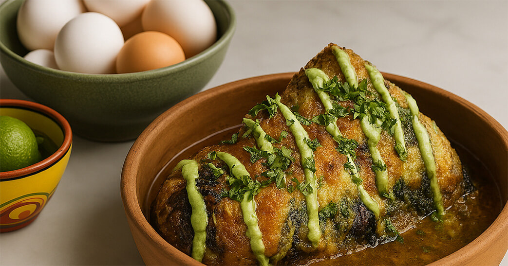 Chile Relleno with Green Sauce Drizzle in Bowl
